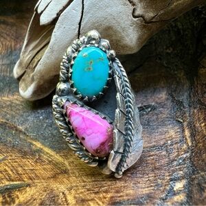 925 Sterling Silver Turquoise Pink Dahlia Feather Ring Size 8 Southwestern